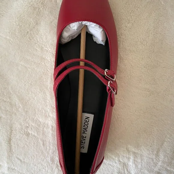 Red Leather Two-Strap Ballet Flats Steve Madden Mary Jane Size 8.5 - Picture 5 of 8